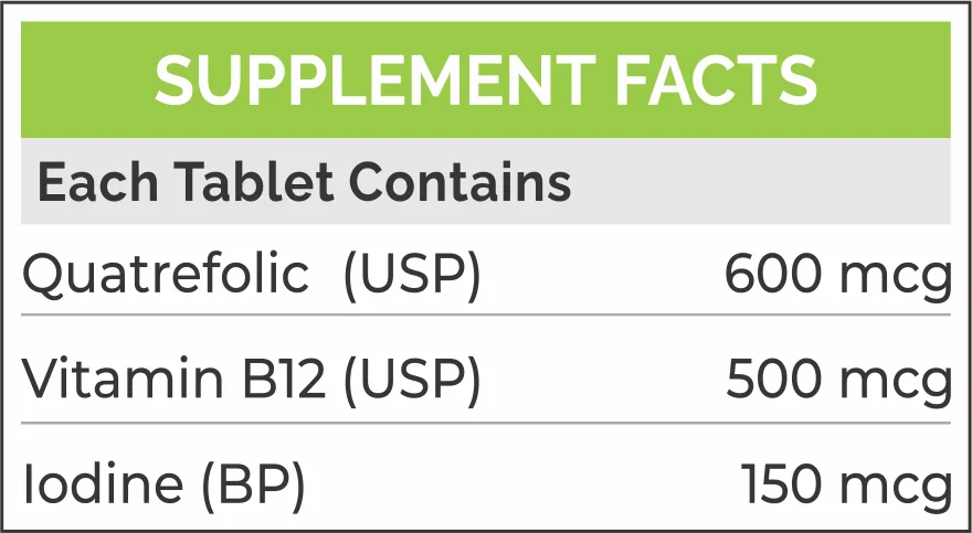 Supplement facts panel for Evofol 30 tablets
